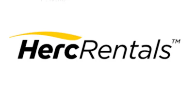 Herc Rentals logo with black text and yellow curved design element