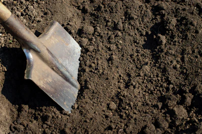 Worn metal garden shovel resting on dark, textured soil