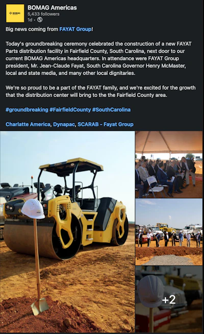 BOMAG groundbreaking ceremony for new FAYAT Parts distribution facility in South Carolina