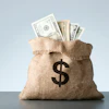 Burlap money sack with US dollar bills representing financial savings