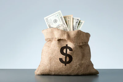 Burlap money sack with US dollar bills representing financial savings