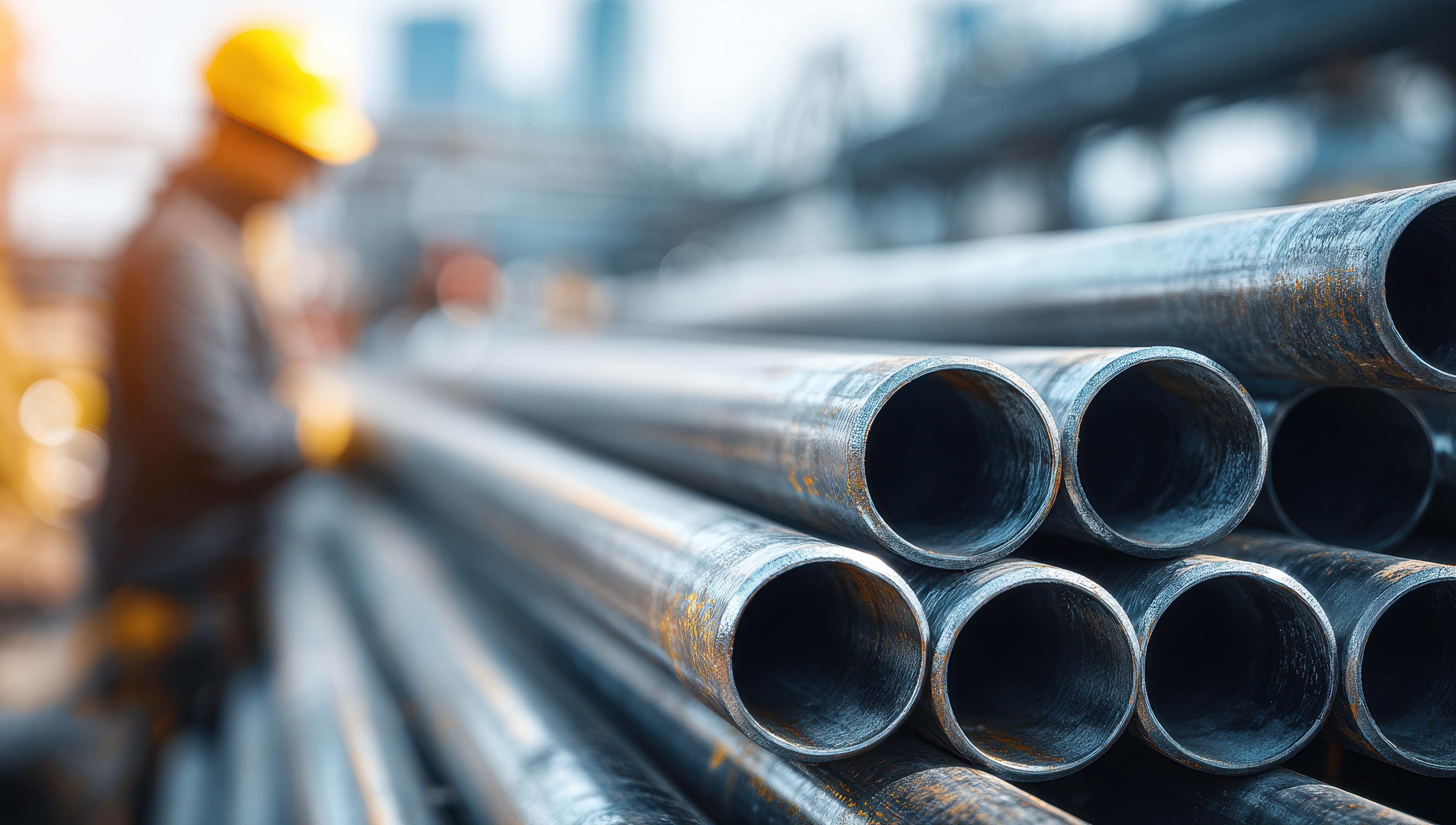 Steel industrial pipes stacked at construction site with worker in background