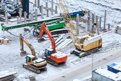 Winter construction site with excavators, crane, and concrete pillars