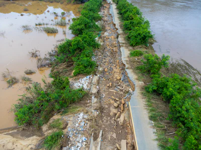 Flood-damaged road with rocky debris, surrounded by muddy water and green trees