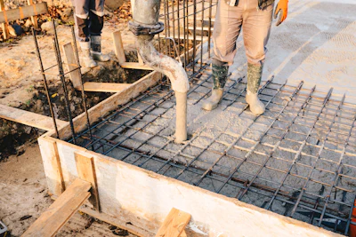 Construction workers preparing concrete foundation with steel reinforcement grid