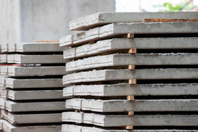 Stacked concrete construction panels with wooden spacers in industrial setting