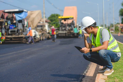 Construction worker in safety vest reviewing plans on roadside during asphalt paving project