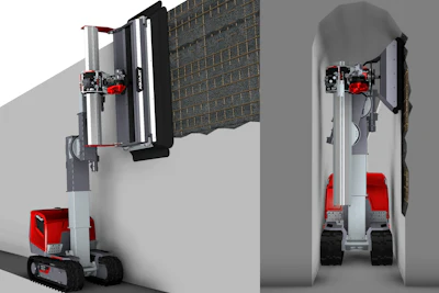 Robotic tracked machine scanning concrete wall with telescoping vertical arm