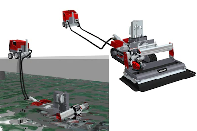 Technical 3D rendering of modular robotic equipment with red and gray machinery