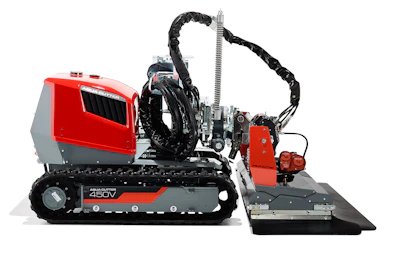 Red and gray tracked robotic machine with articulated mechanical arm