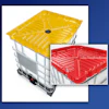 Yellow and red industrial container lids on white storage tanks