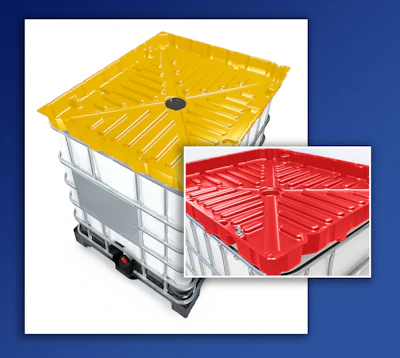 Yellow and red industrial container lids on white storage tanks