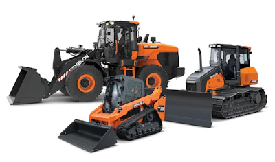 Three orange and gray construction vehicles: wheel loader, tracked loader, bulldozer