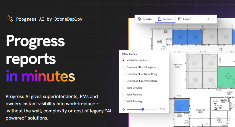 Progress AI dashboard showing construction site floor plan with progress tracking filters