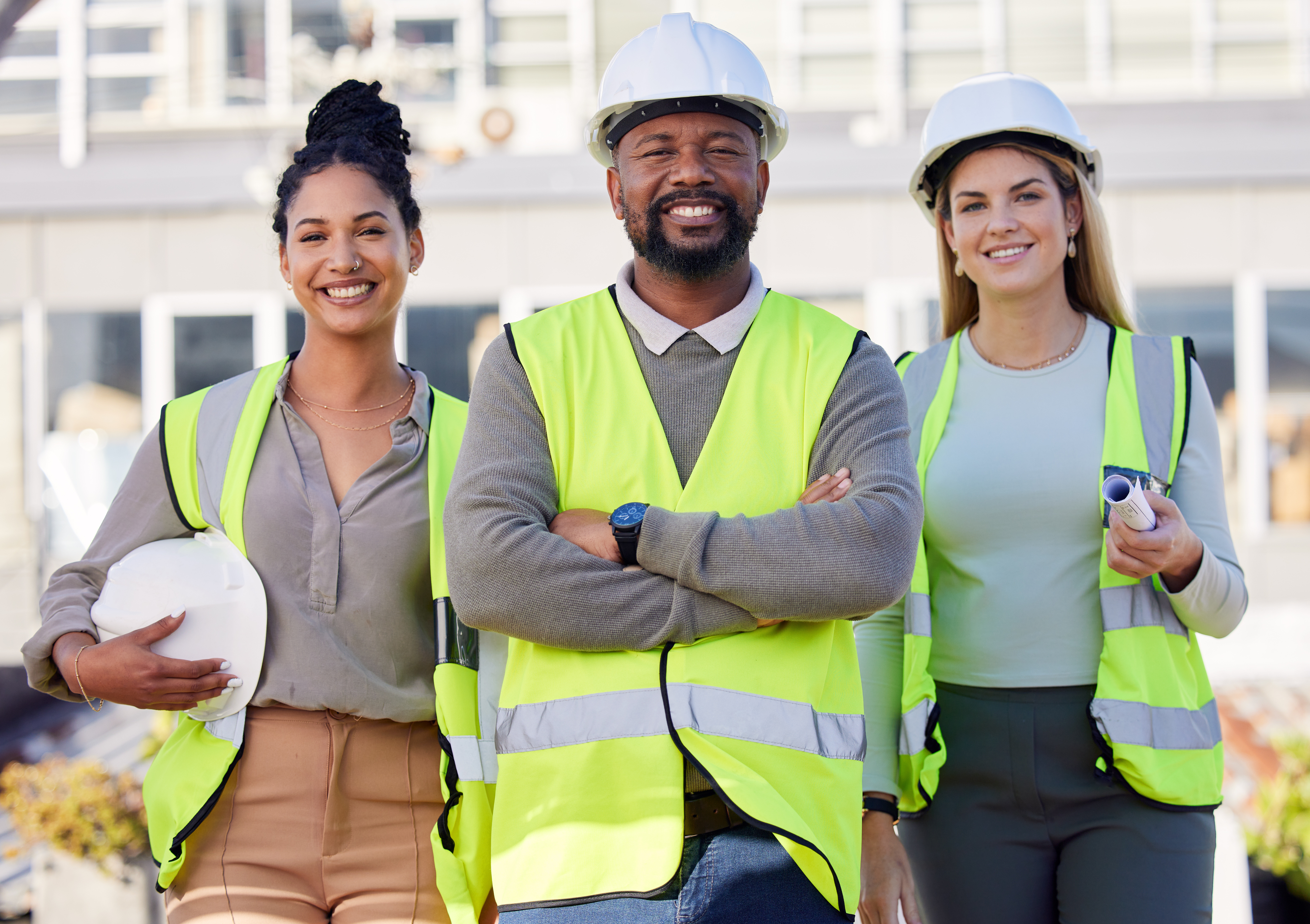Three construction workers in safety vests and hard hats smiling on job site