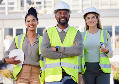 Three construction workers in safety vests and hard hats smiling on job site