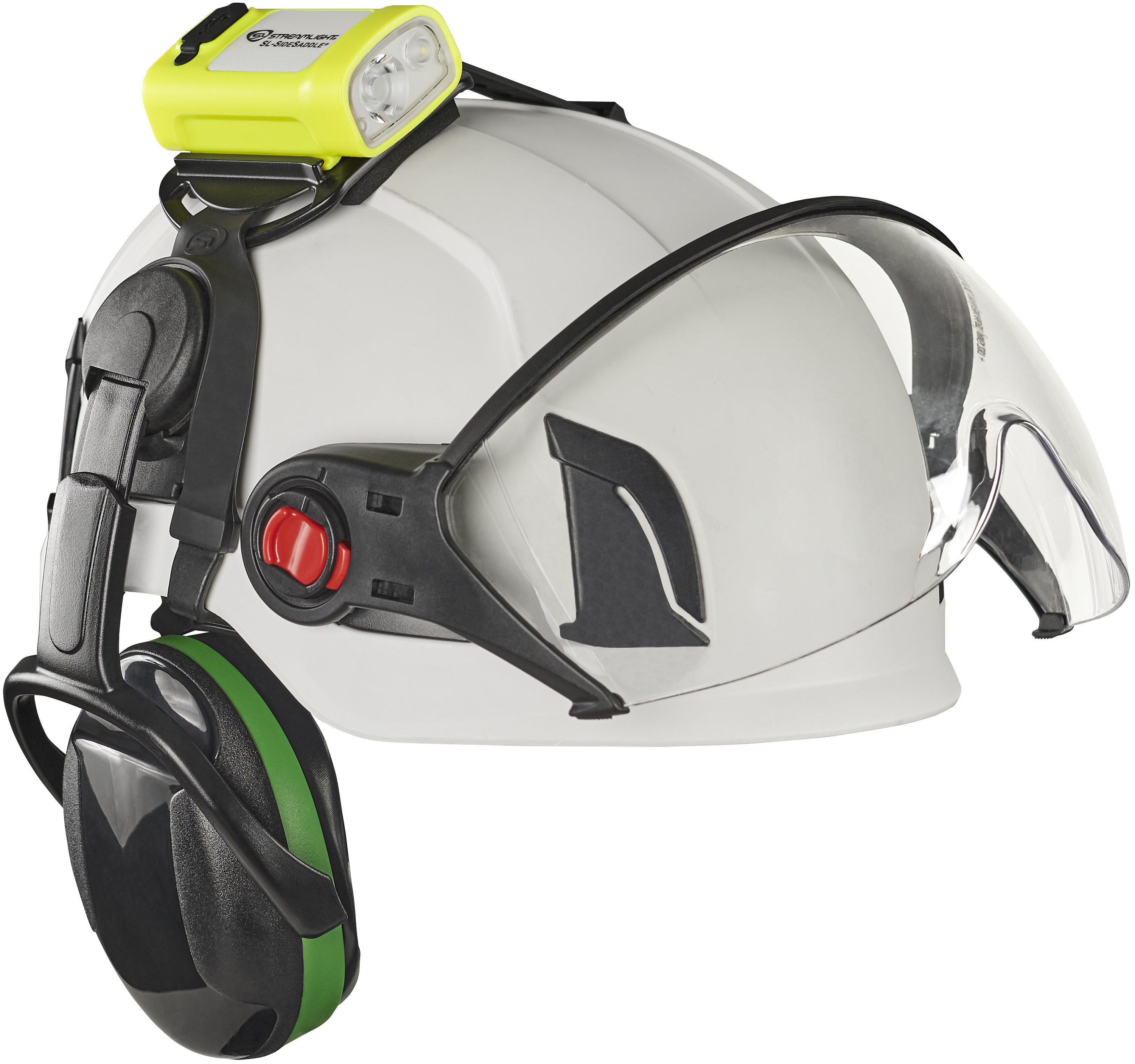 Safety helmet with integrated yellow headlamp and green ear protection