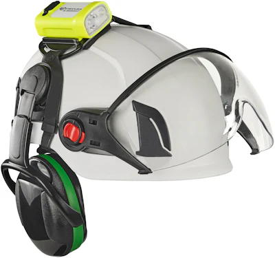 Safety helmet with integrated yellow headlamp and green ear protection