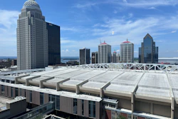 Louisville downtown skyline with modern skyscrapers and white convention center