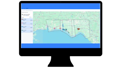 Digital map interface showing geographic regions with blue and green color palette