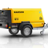 Yellow Kaeser M51 mobile air compressor with towbar on white background