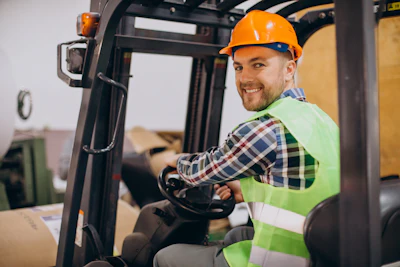 Smiling warehouse worker in safety gear operating a forklift