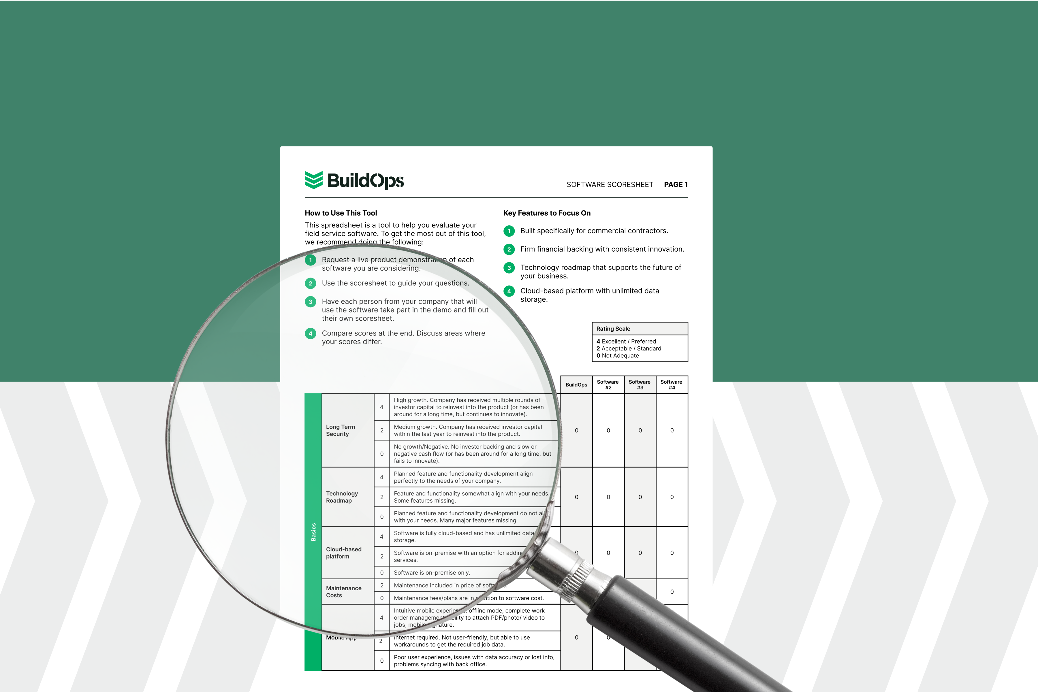 BuildOps document with green header under magnifying glass on green background