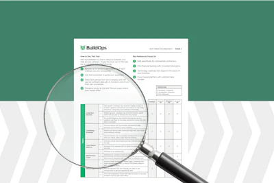 BuildOps document with green header under magnifying glass on green background