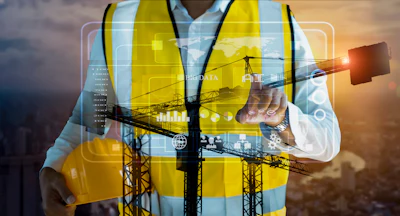 Construction worker analyzing digital data with technology overlay and cranes