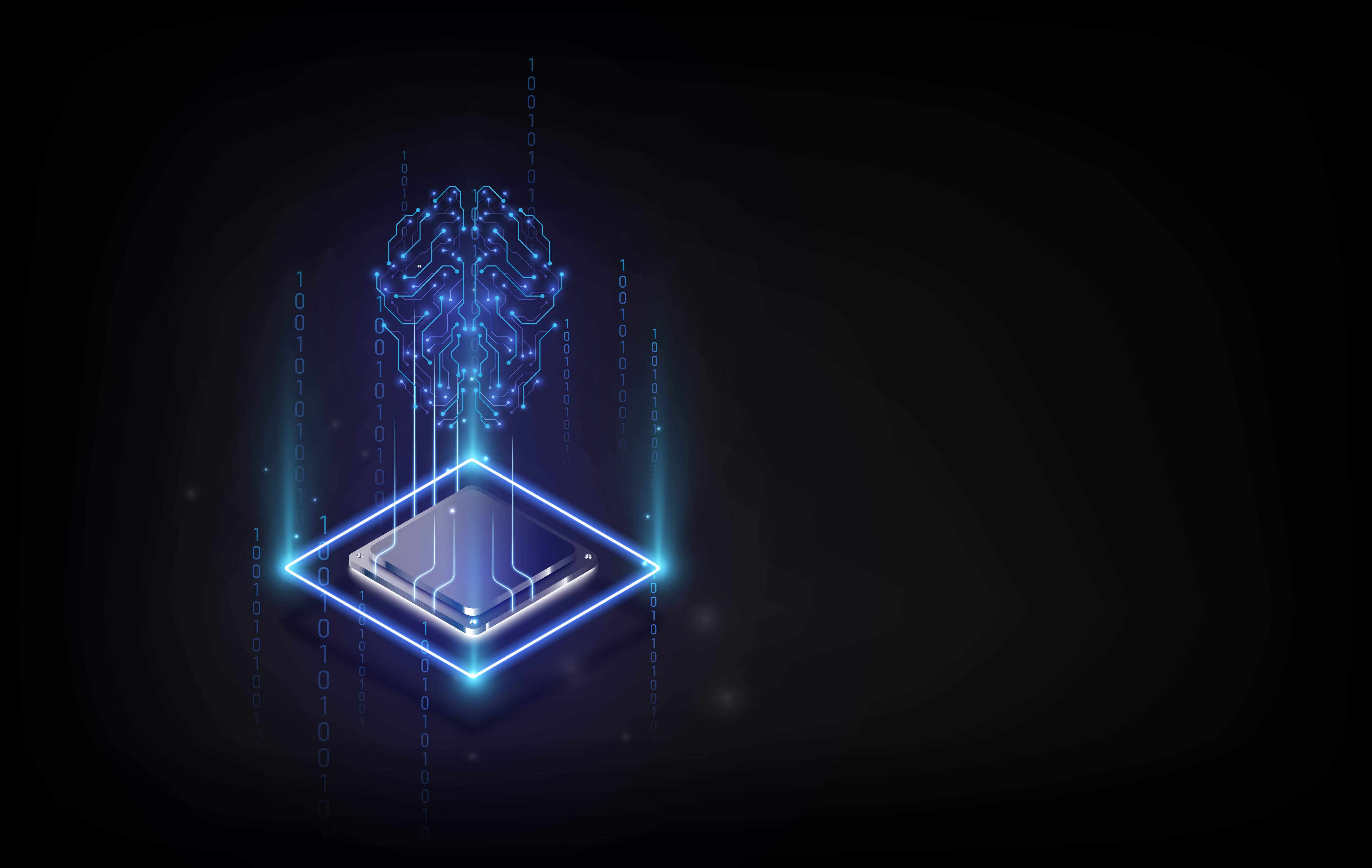Glowing blue digital brain chip floating above circuit board with binary code