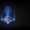 Glowing blue digital brain chip floating above circuit board with binary code