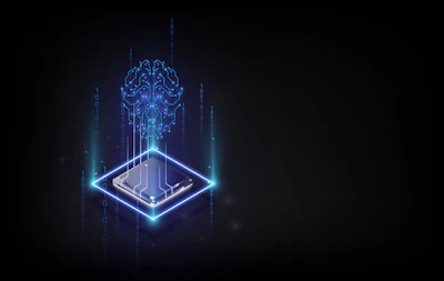 Glowing blue digital brain chip floating above circuit board with binary code