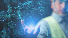 Digital visualization of human silhouette interacting with technological holographic interface