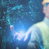 Digital visualization of human silhouette interacting with technological holographic interface