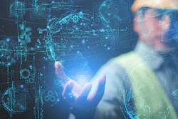 Digital visualization of human silhouette interacting with technological holographic interface