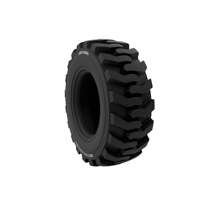 Heavy-duty black skid steer tire with deep aggressive tread pattern