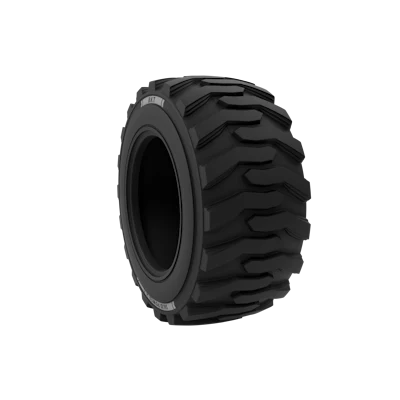 Black skid steer tire with deep, rugged tread pattern