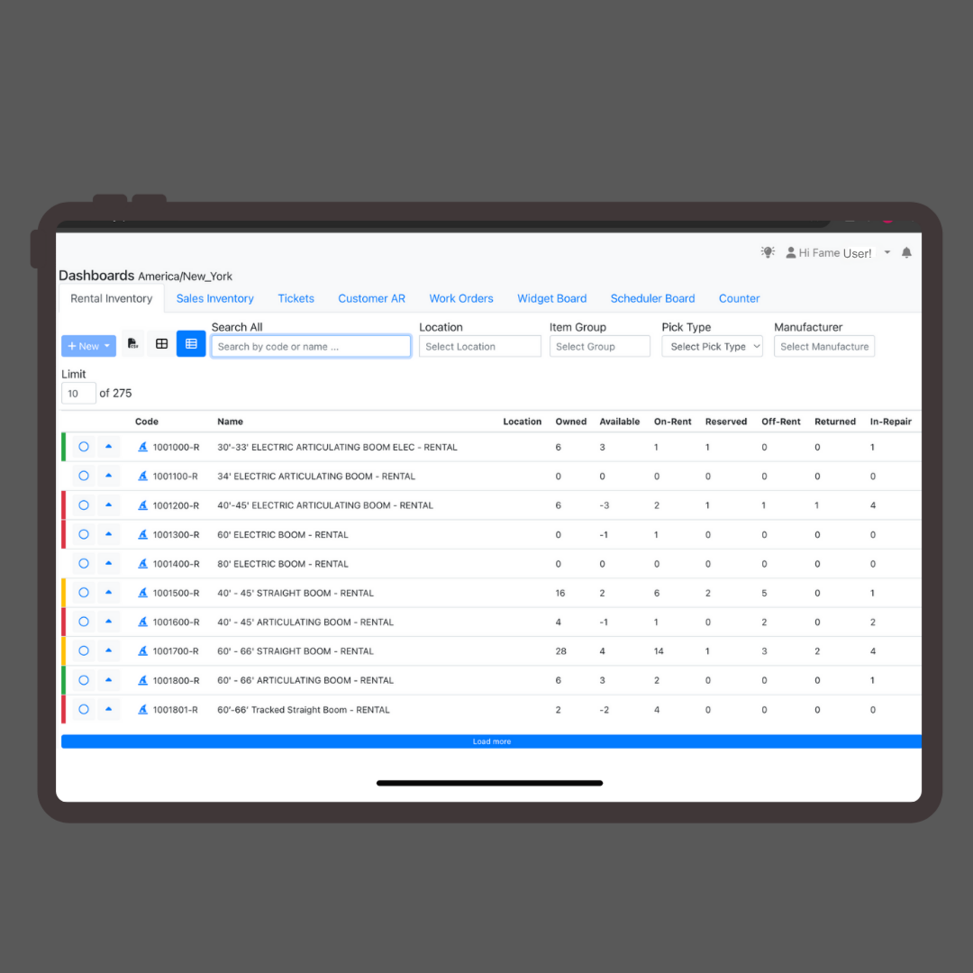Equipment rental inventory management dashboard showing vehicle details and status