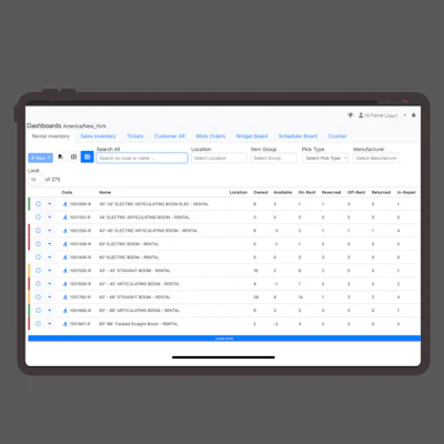 Equipment rental inventory management dashboard showing vehicle details and status