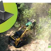 Yellow excavator working in forest clearing with dust and trees in background