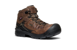Rugged brown leather hiking boot with black protective toe cap
