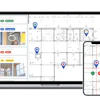 Construction project management software dashboard with floor plans and mobile tracking interface