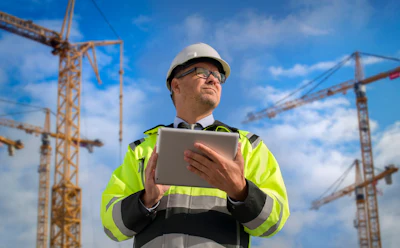 Construction manager in safety vest and hard hat using tablet at crane-filled worksite