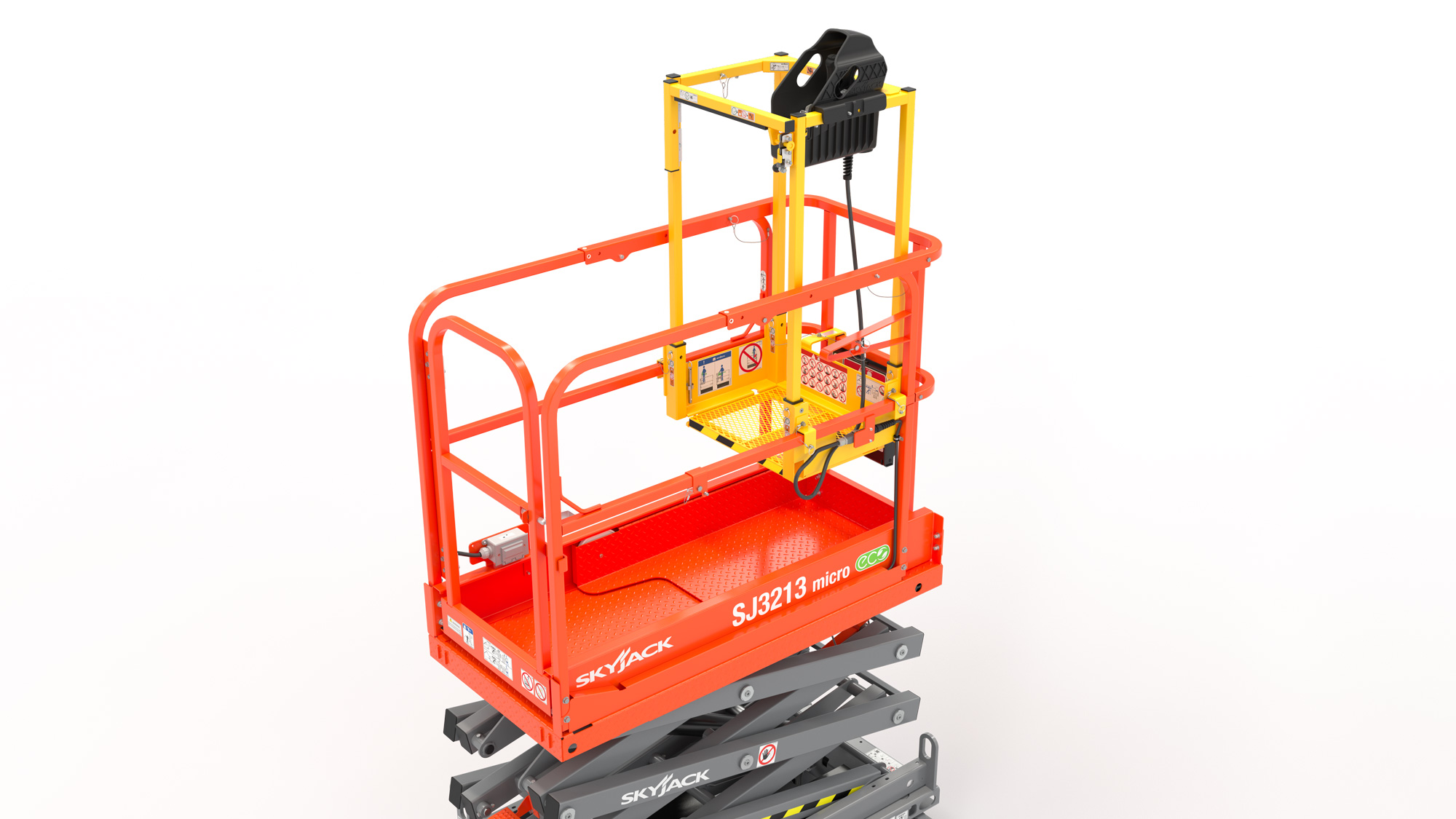Red SkyJack scissor lift platform with yellow safety railings on gray base