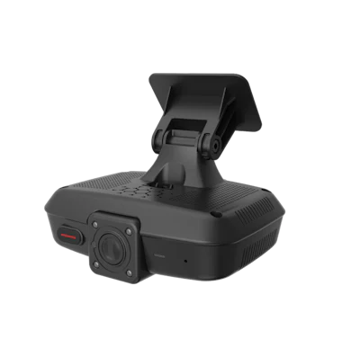 Black dashboard camera with adjustable mounting bracket and lens