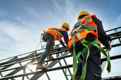 Construction workers in safety gear climbing metal scaffolding against blue sky