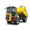 Yellow industrial dump truck with enclosed cabin on white background