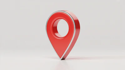 Red 3D location pin icon on light background
