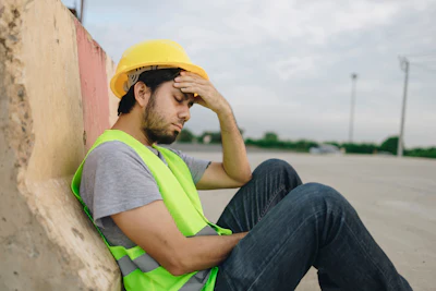 Construction worker in yellow hard hat and safety vest looking exhausted, leaning against wall