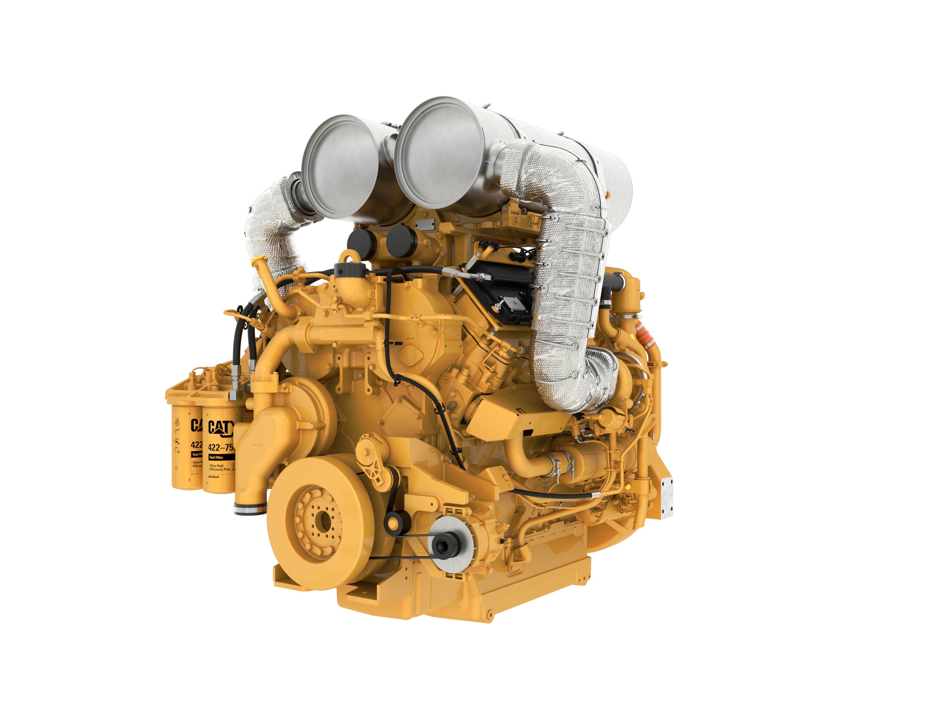 Yellow Caterpillar industrial diesel engine with complex mechanical components